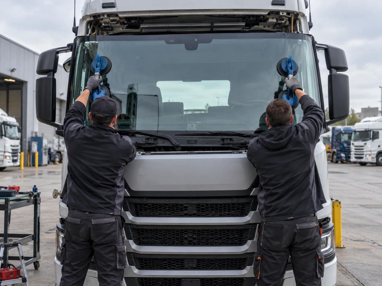 Deux techniciens Pare-Brise Poids Lourd posent un pare-brise neuf sur un camion en Île-de-France